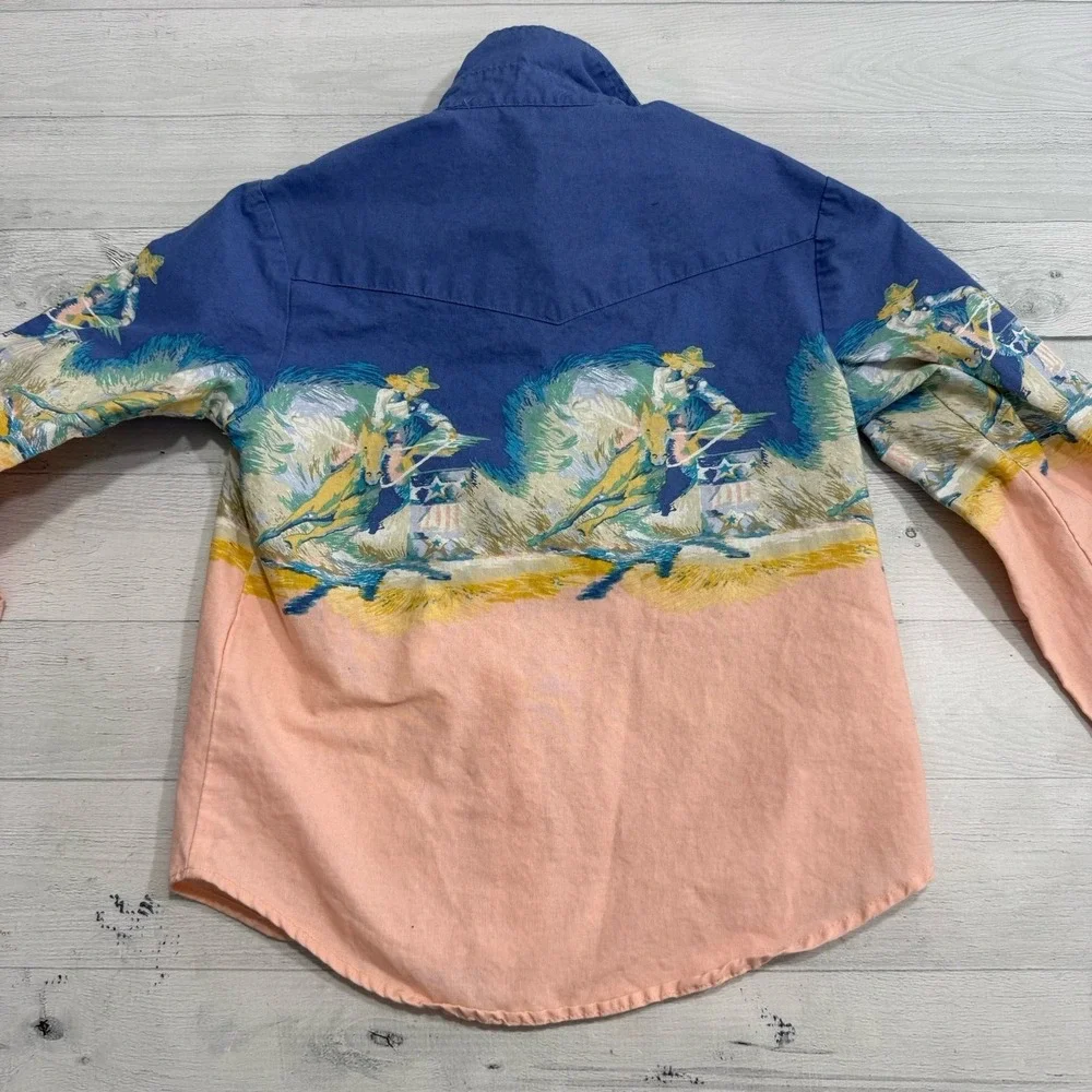 Vintage roper pink blue cowgirl horse button up shirt girls‎ XS 7